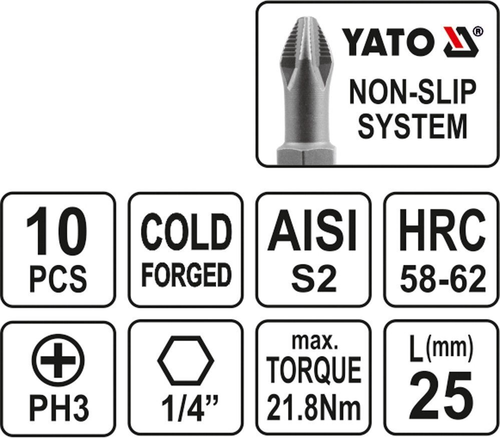 Otsikute komplekt Yato PH3x25mm 1/4", 10 tk hind ja info | Käsitööriistad | hansapost.ee