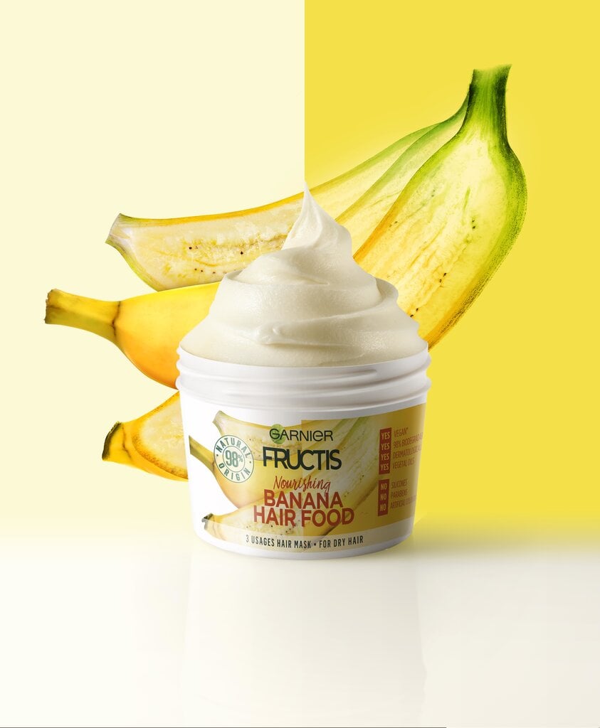 Juuksemask Garnier Fructis Hair Food Banana 3-in-1, 390ml  hind ja info | Juuksemaskid, õlid ja seerumid | hansapost.ee