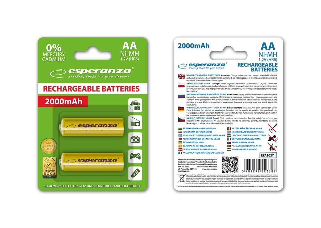 Taaslaetavad AA patareid Esperanza, 2000mAh, kollane hind ja info | Patareid | hansapost.ee