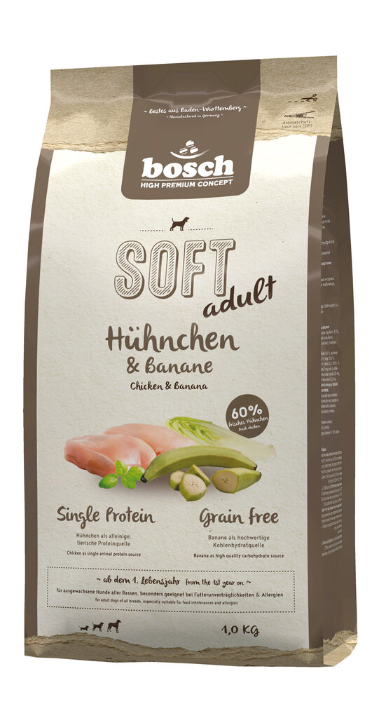 Bosch HPC Soft+ Chicken & Banana kanaliha ja banaaniga koeratoit 1kg цена и информация | Koerte kuivtoit ja krõbinad | hansapost.ee