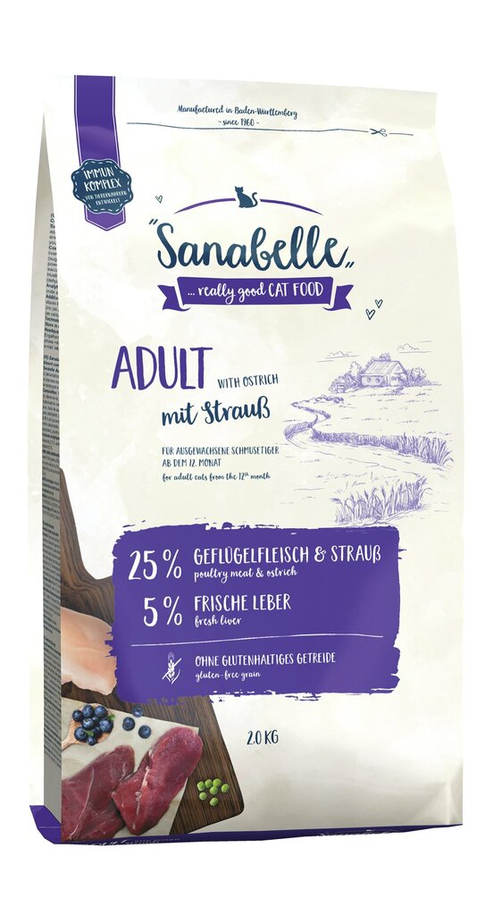 Kuivtoit kassidele Sanabelle Adult Ostrich (jaanalinnu lihaga) 2kg + Snack Lamb 55g hind ja info | Kassi kuivtoit ja kassikrõbinad | hansapost.ee