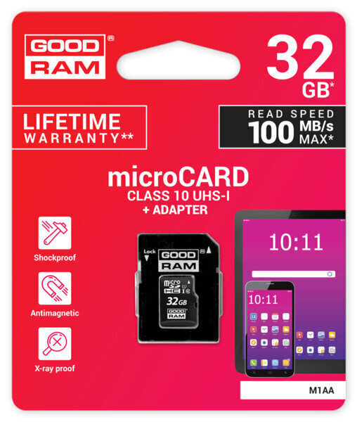 Mälukaart Goodram microSD 32Gb (class 10) + SD adapter цена и информация | Mälukaardid mobiiltelefonidele | hansapost.ee