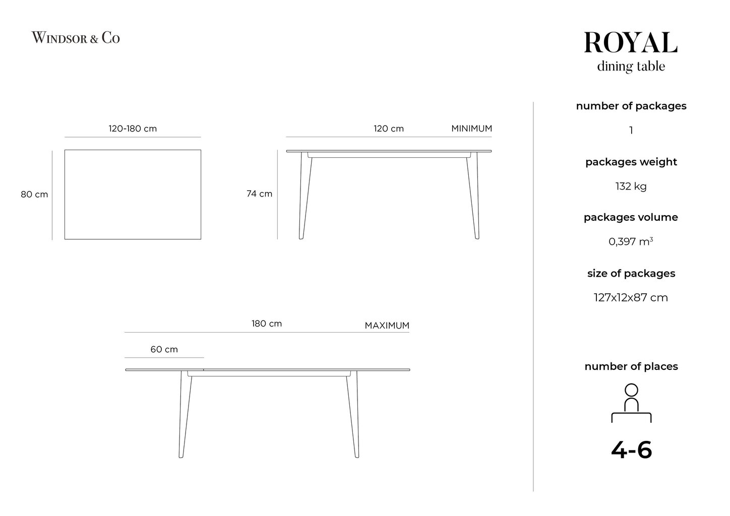 Pikendatav laud Windsor & Co Royal, 120x80 cm, must hind ja info | Köögilauad, söögilauad | hansapost.ee