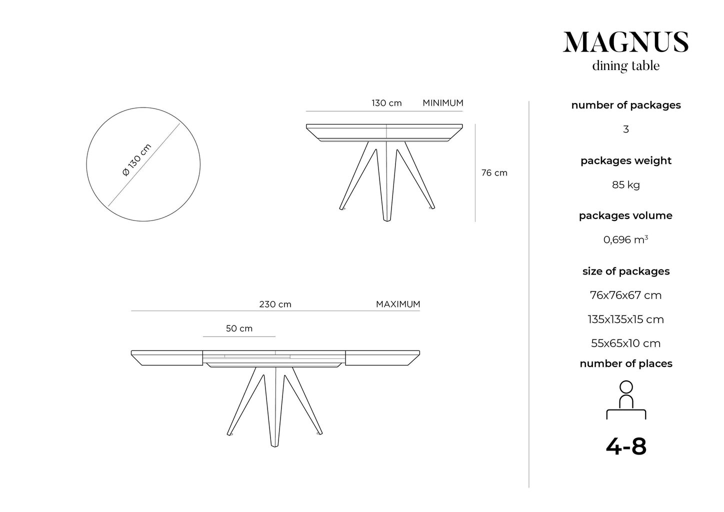 Pikendatav laud Windsor & Co Magnus 130 cm, must hind ja info | Köögilauad, söögilauad | hansapost.ee