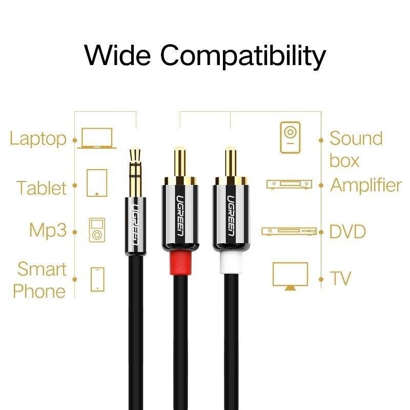 UGREEN AV116 3,5mm Jack to 2RCA (Cinch) kaabel 5m (must) hind ja info | Juhtmed ja kaablid | hansapost.ee