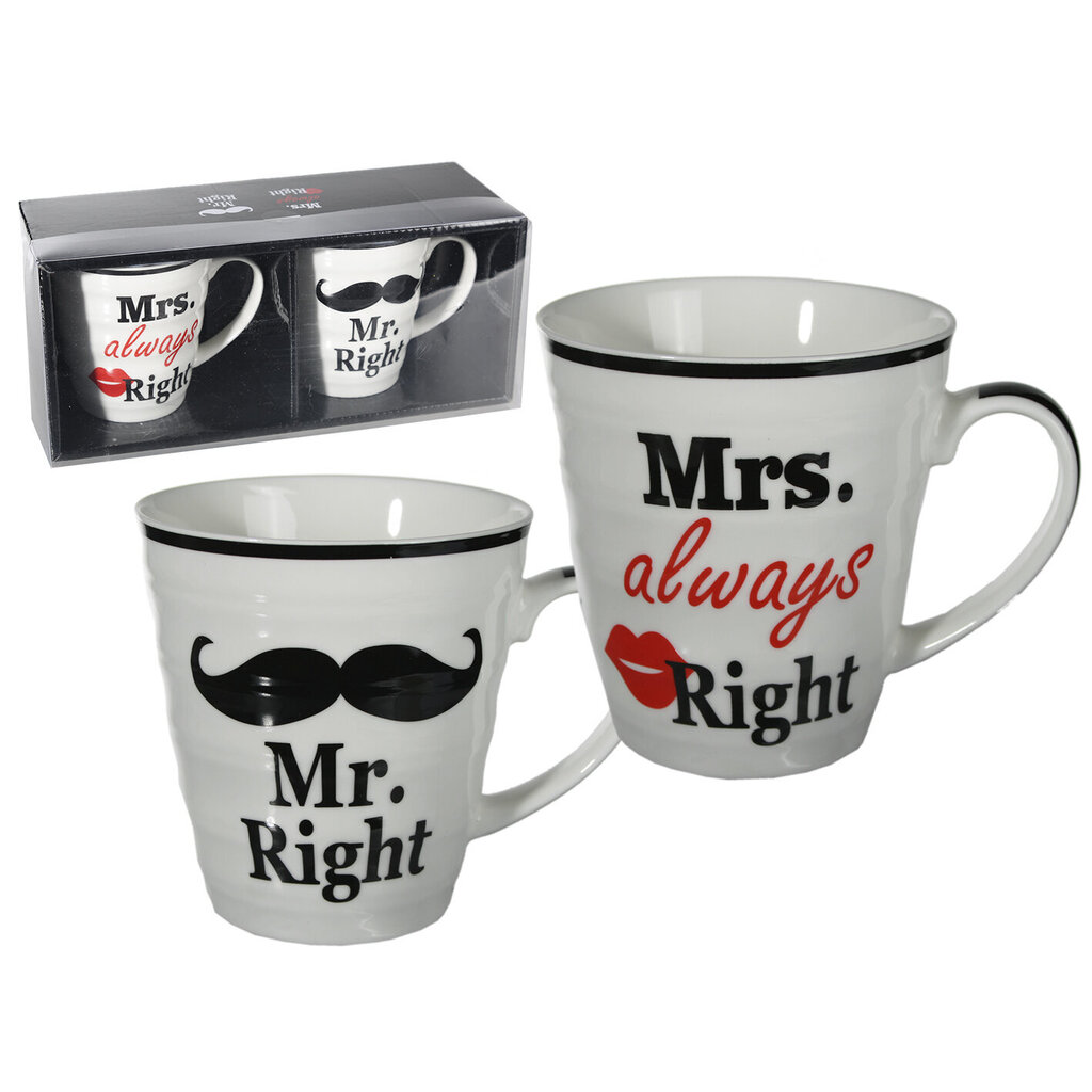 Tasside komplekt „Mr. Right & Mrs. Always Right" цена и информация | Pildiga tassid ja kruusid kingituseks | hansapost.ee