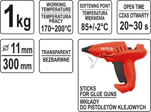 Kuumad liimipulgad 11x300mm värvitu 1 kg Yato(YT-82431) hind ja info | Käsitööriistad | hansapost.ee