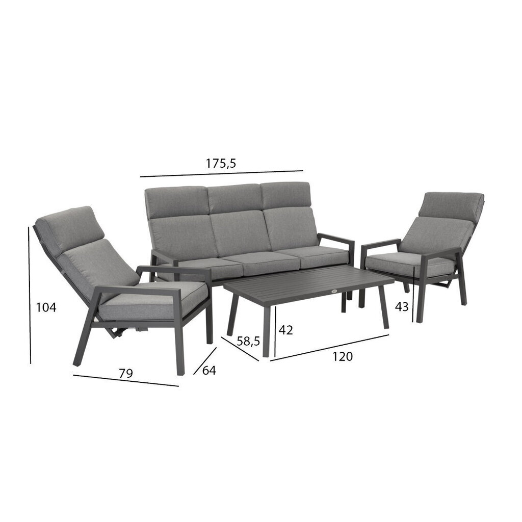 Aiamööblikomplekt CASPER laud, diivan ja 2 tooli, hall hind ja info | Välimööbli komplektid | hansapost.ee