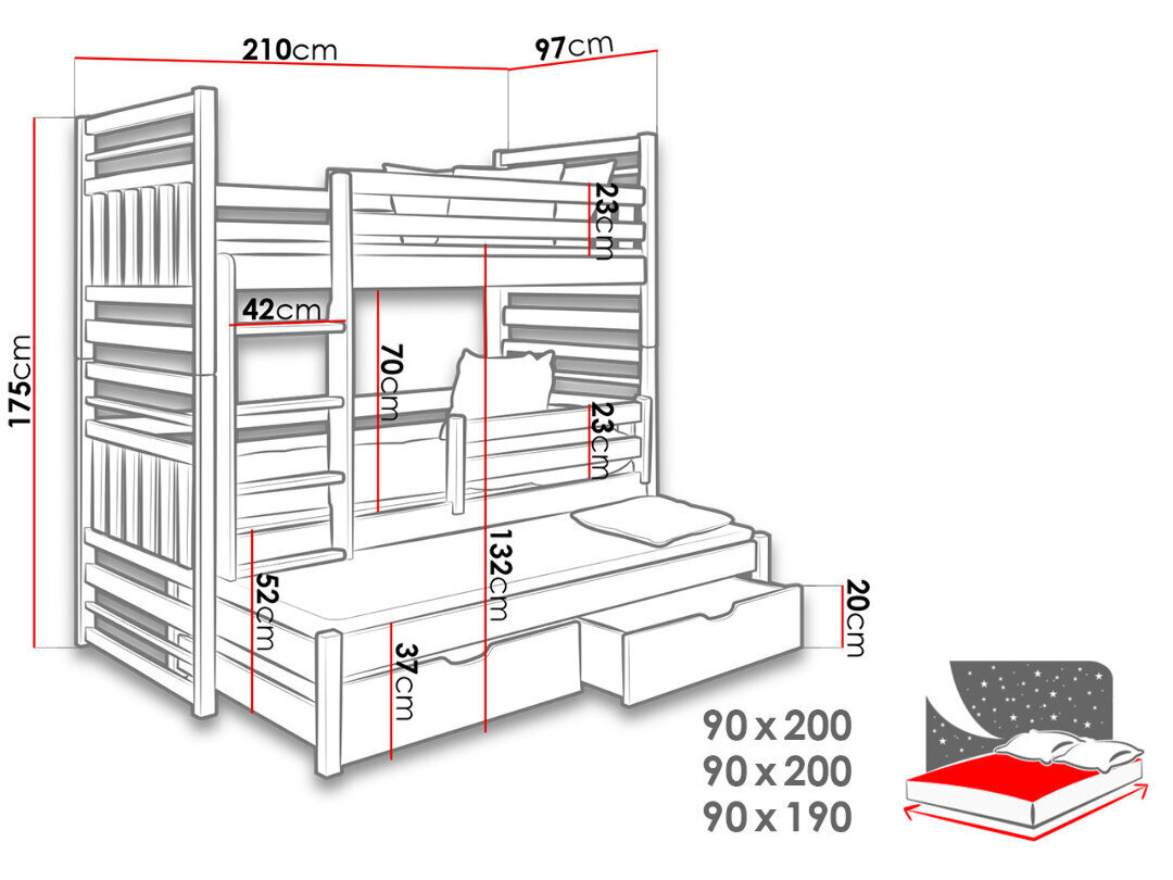 3-kohaline narivoodi Hipolit 90x200 cm price and information | Lastevoodid | hansapost.ee