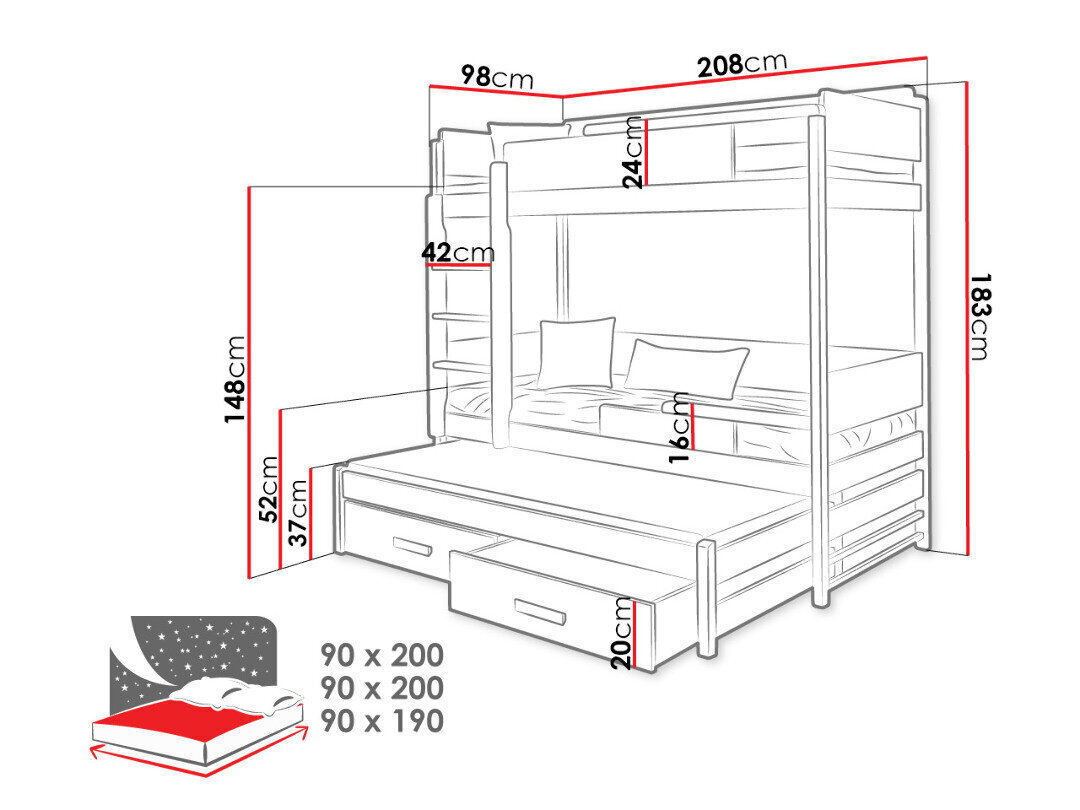 3-kohaline narivoodi Quatro 90x200 cm hind ja info | Lastevoodid | hansapost.ee