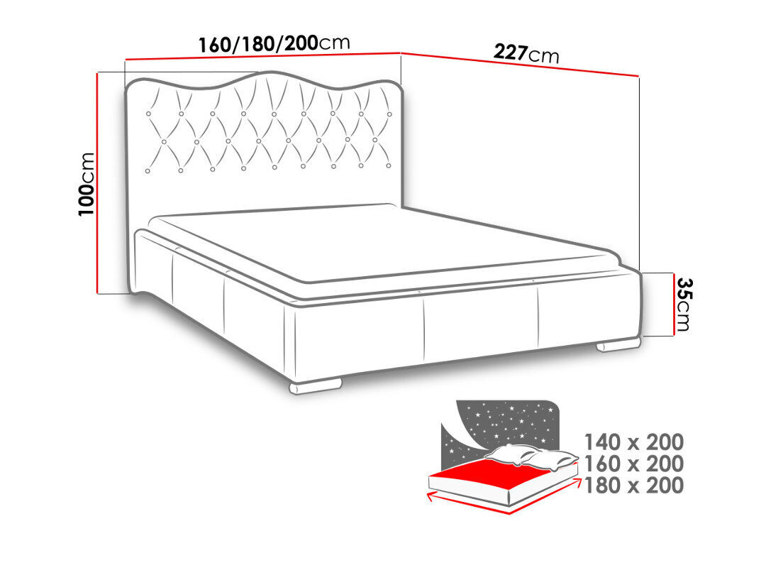 Voodi Santorini 140x200 cm ülestõstetava voodipõhjaga, valge hind ja info | Voodid | hansapost.ee