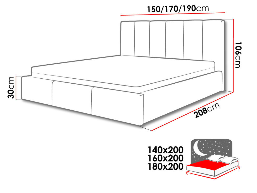 Voodi Nick 160x200 cm ülestõstetava voodipõhjaga, hall hind ja info | Voodid | hansapost.ee