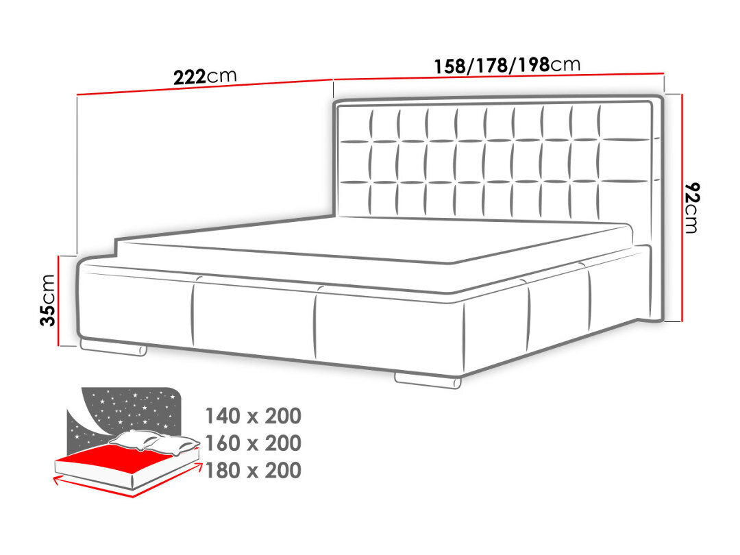 Voodi Vento 180x200 cm ülestõstetava voodipõhjaga, hall hind ja info | Voodid | hansapost.ee