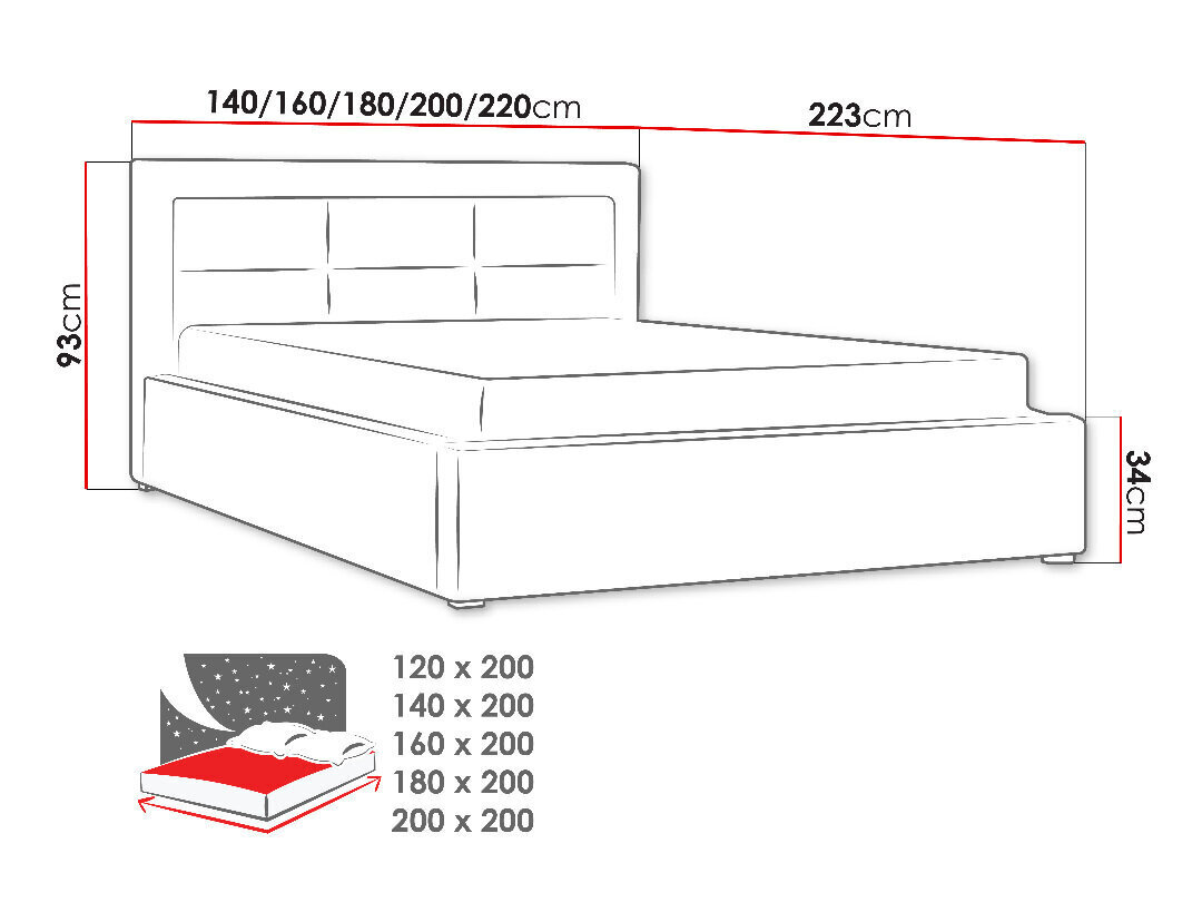 Voodi Clasic 120x200 cm ülestõstetava voodipõhjaga, hall цена и информация | Voodid | hansapost.ee