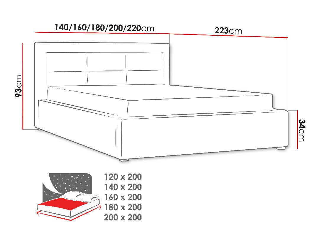 Voodi Clasic 200x200 cm ülestõstetava voodipõhjaga, hall цена и информация | Voodid | hansapost.ee