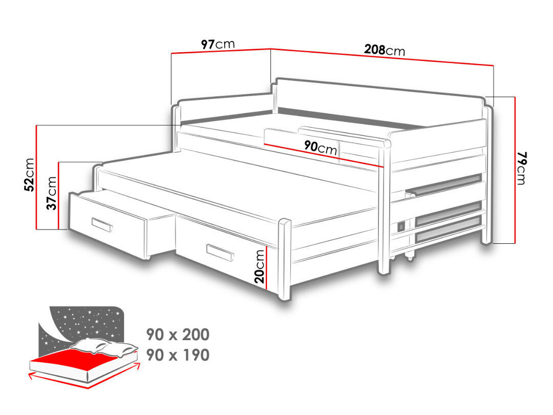 Voodi Dois 90x200 cm цена и информация | Lastevoodid | hansapost.ee