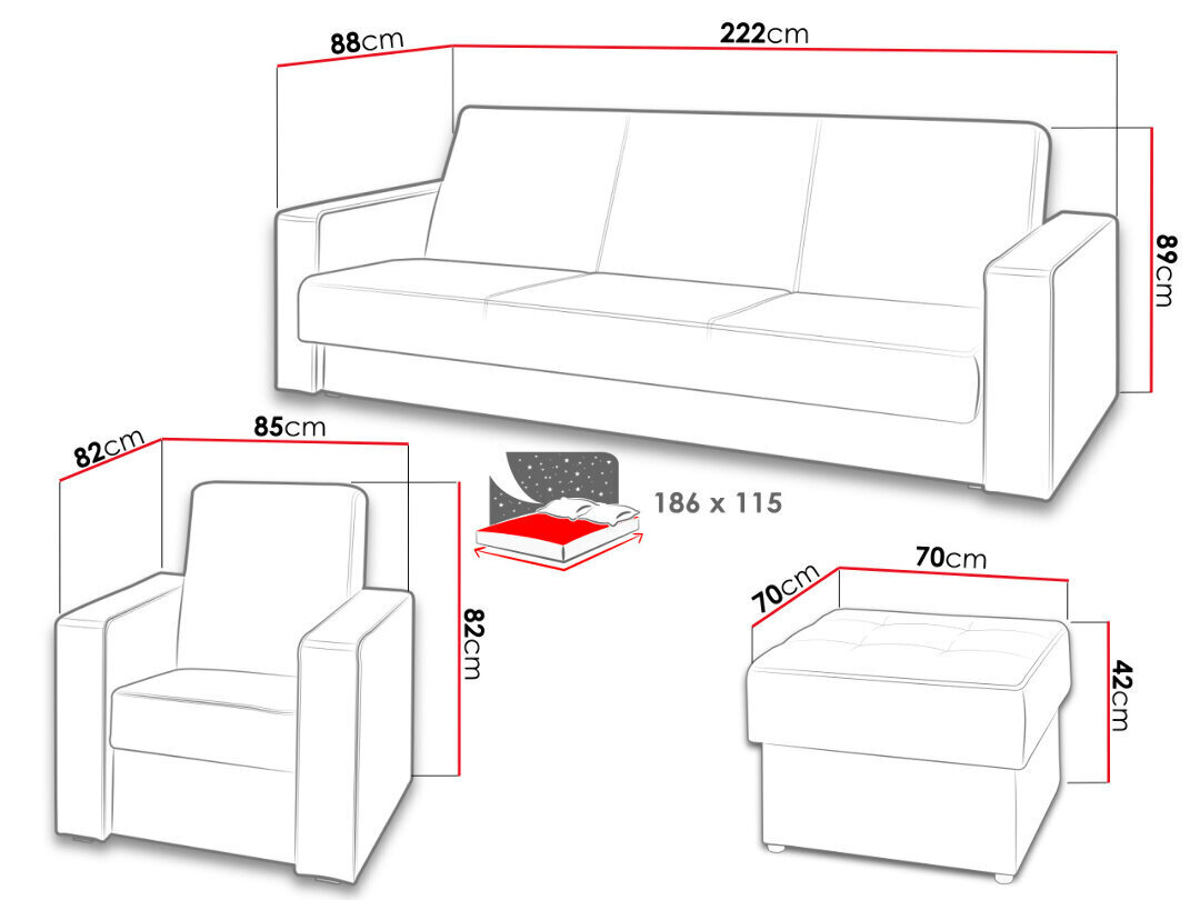 Komplekt Gordia 3+1+1 ja tumba hind ja info | Pehme mööbli komplektid | hansapost.ee