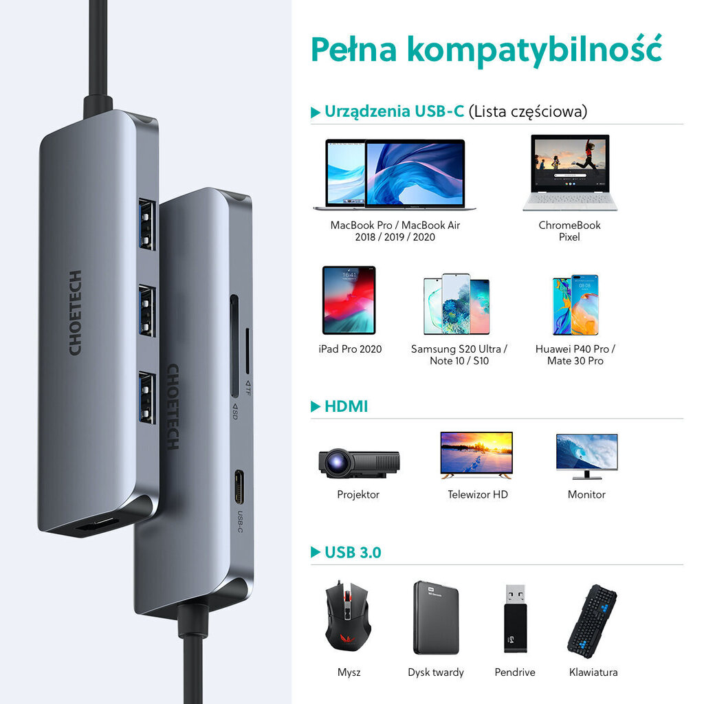 Adapter Choetech HUB-M19 USB-C 7W1 4K PD 100W, hall цена и информация | USB adapterid ja jagajad | hansapost.ee