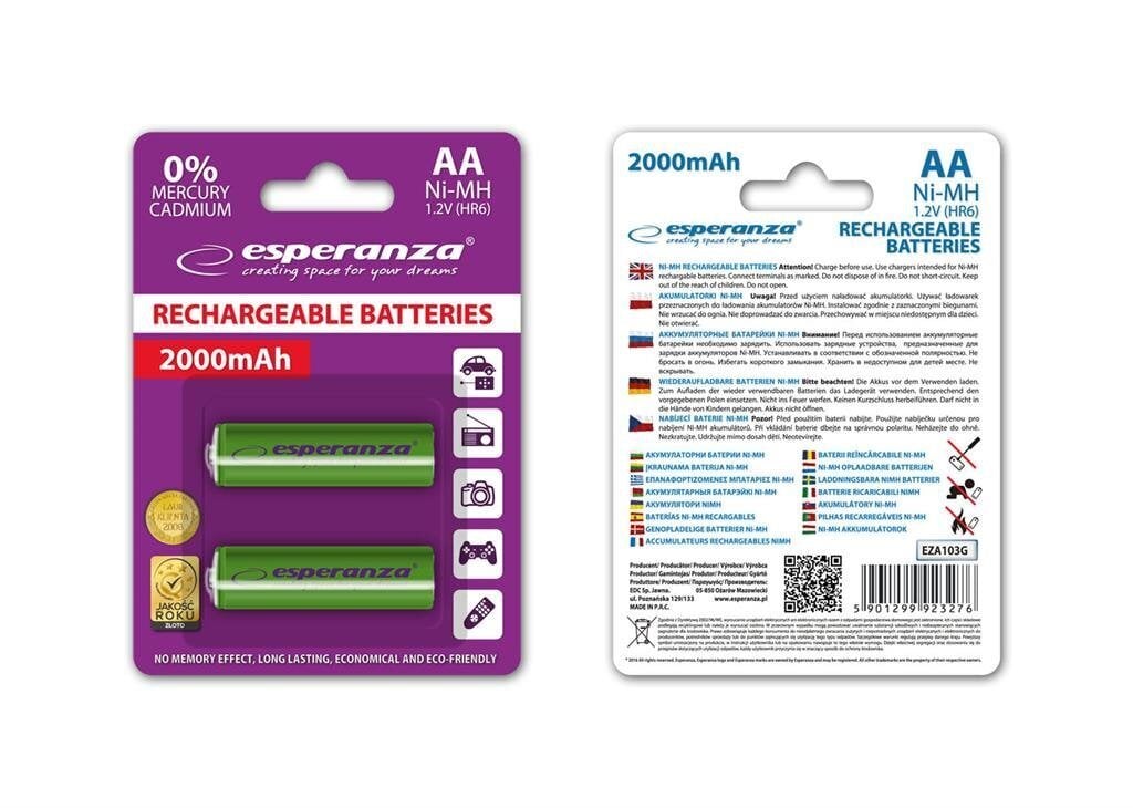 Esperanza EZA103G laetav aku Ni-MH AA 2000MAH x2 hind ja info | Patareid | hansapost.ee