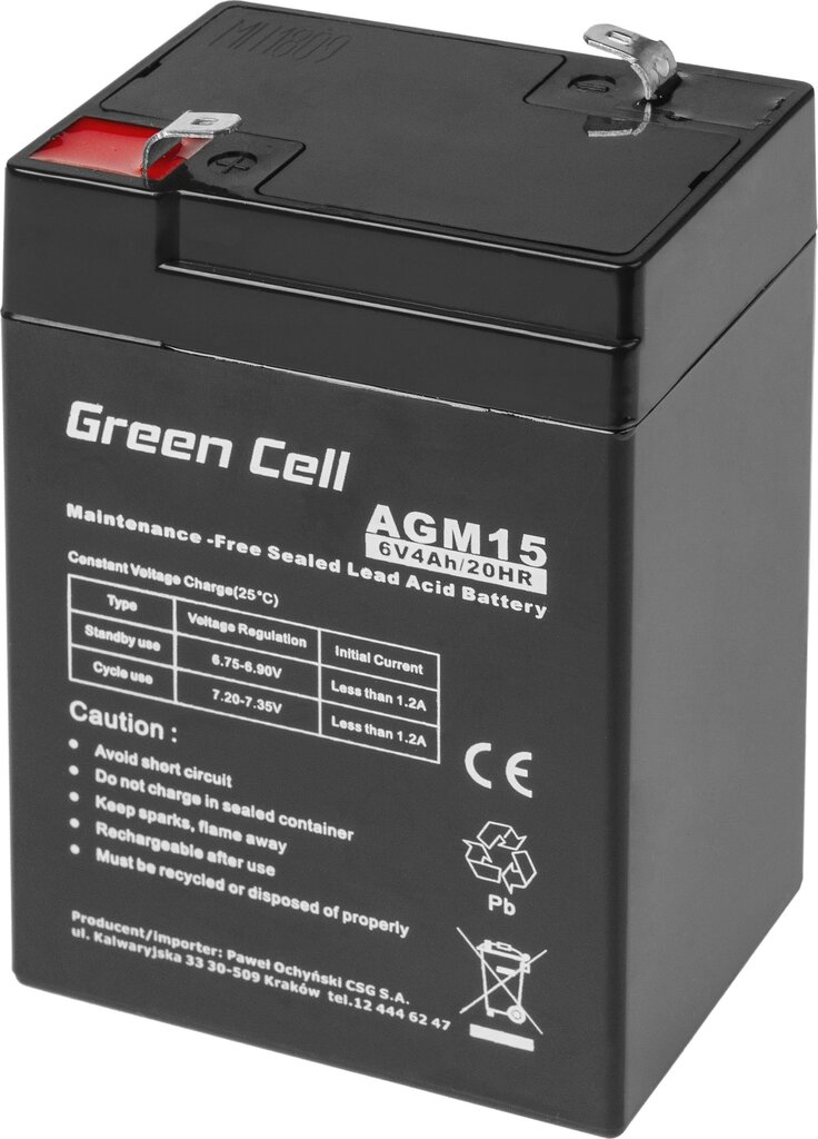 Green CellAGM VRLA 6V 4AH hooldusvaba aku häiresüsteemile, kassale, mänguasjadele hind ja info | Autoakud | hansapost.ee