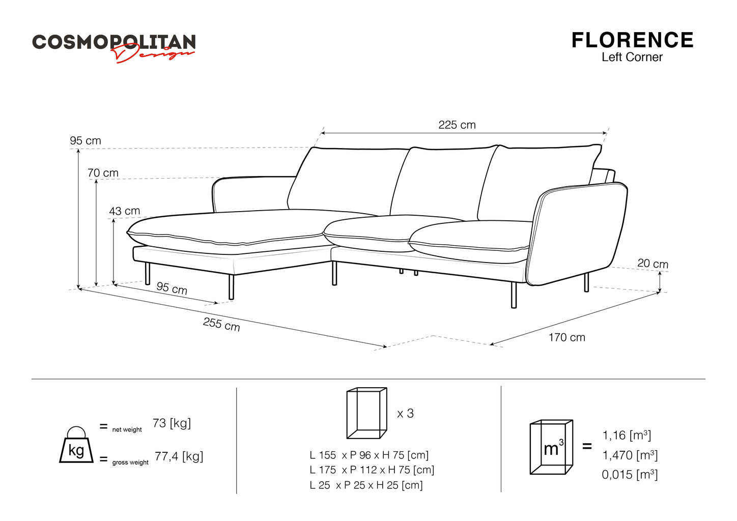 Pehme nurgadiivan Cosmopolitan Design Florence 5S, tumehall цена и информация | Nurgadiivanid ja nurgadiivanvoodid | hansapost.ee