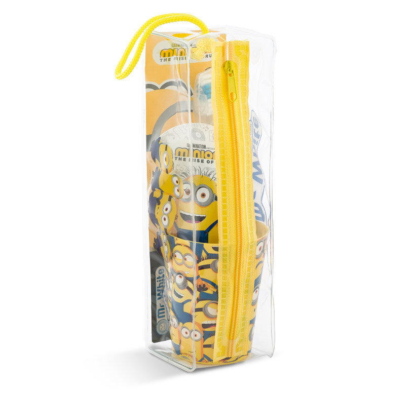 Reisikomplekt lastele Dr. White Minions: hambapasta, 75 ml. + hambahari, 1 tk. + klaas, 1 tk. + kosmeetikakott, 1 tk. цена и информация | Hambaharjad, hampapastad ja suuloputusvedelikud | hansapost.ee