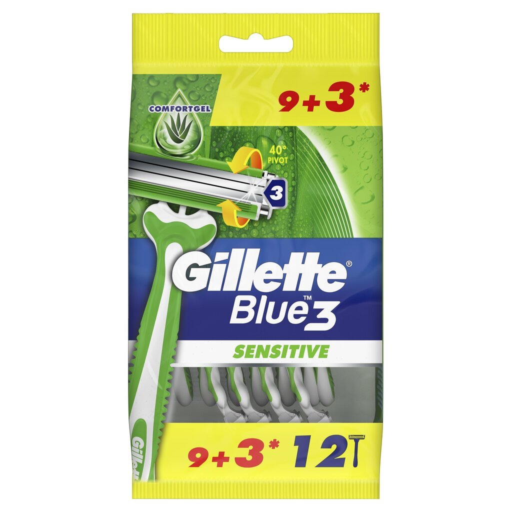 Gillette Blue3 Sensitive Meeste Ühekordne Raseerija, 9+3 tk цена и информация | Raseerimisvahendid | hansapost.ee