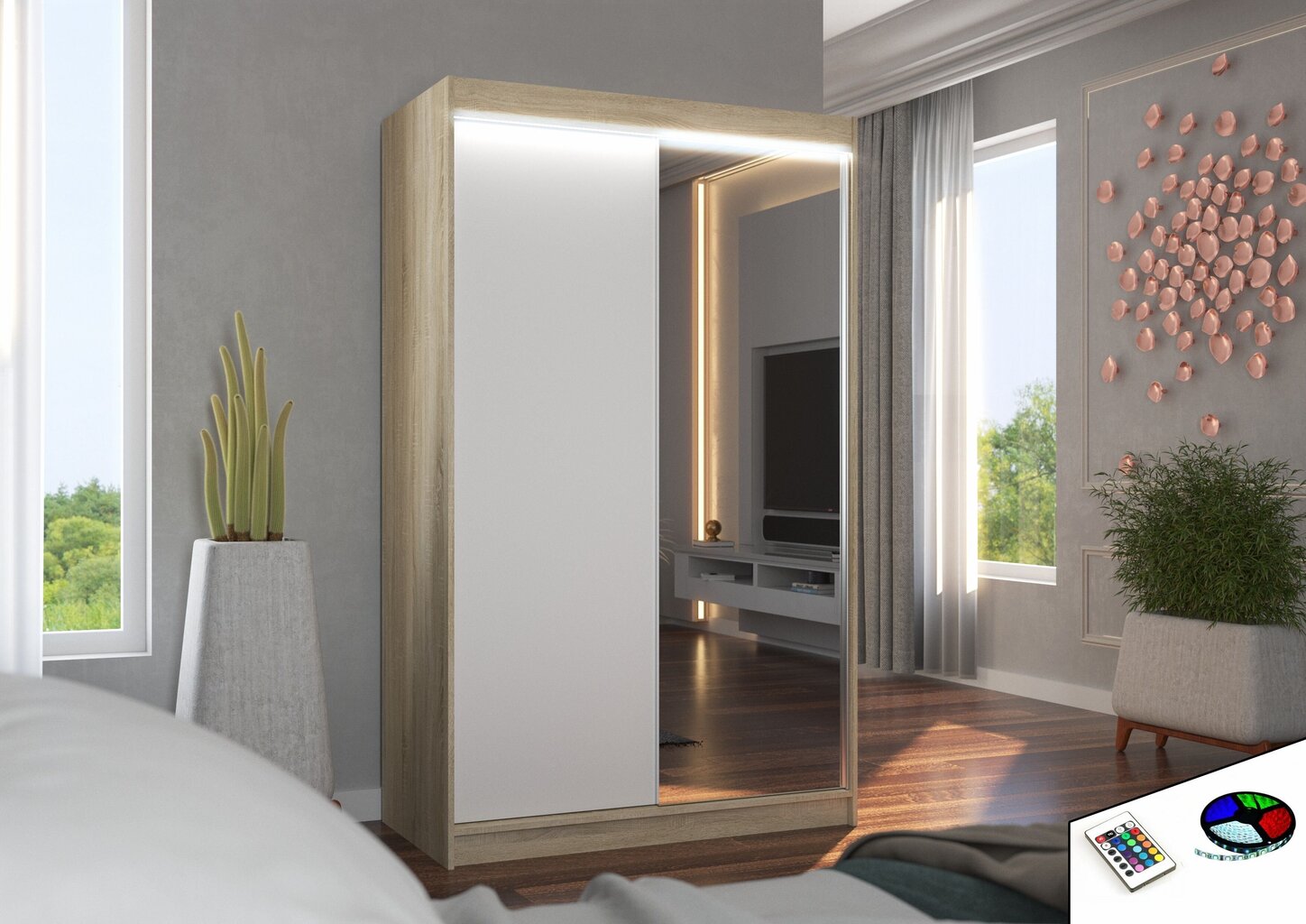 LED valgustusega kapp ADRK Furniture Rewena, tamm/valge hind ja info | Kapid | hansapost.ee