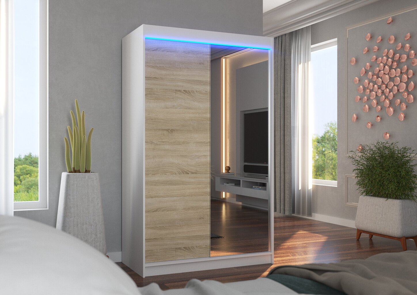 LED valgustusega kapp ADRK Furniture Rewena, valge / tamm hind ja info | Kapid | hansapost.ee