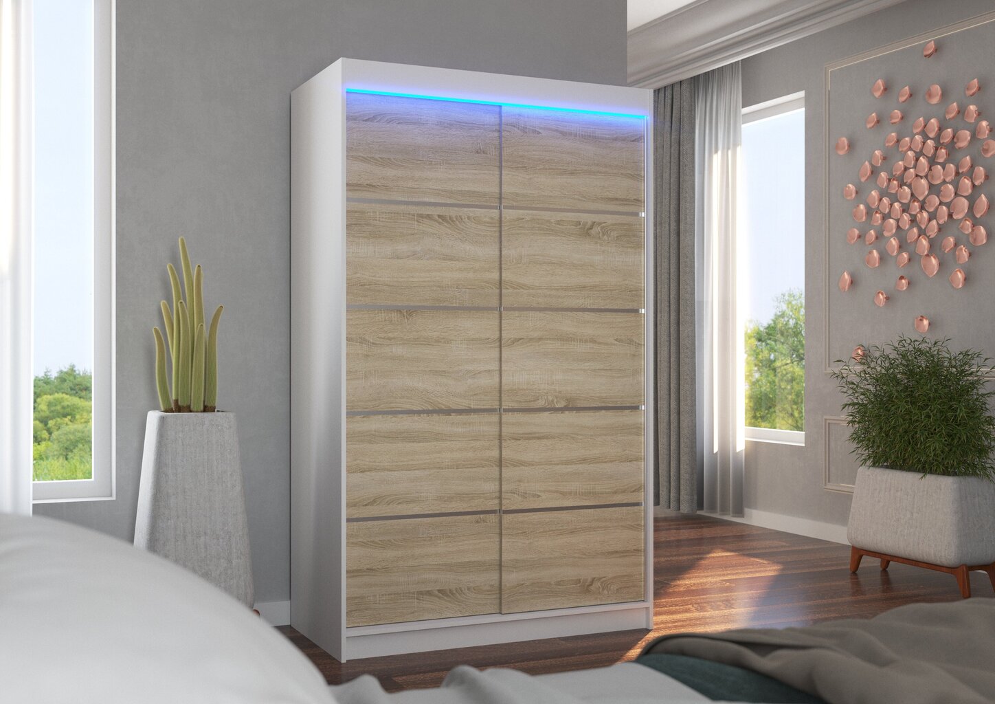 LED valgustusega riidekapp ADRK Furniture Benisso, valge / tamm hind ja info | Kapid | hansapost.ee