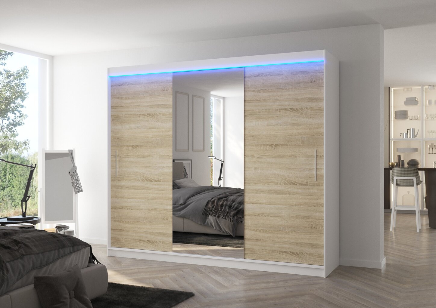 LED valgustusega kapp ADRK Furniture Denis, valge/tamm hind ja info | Kapid | hansapost.ee