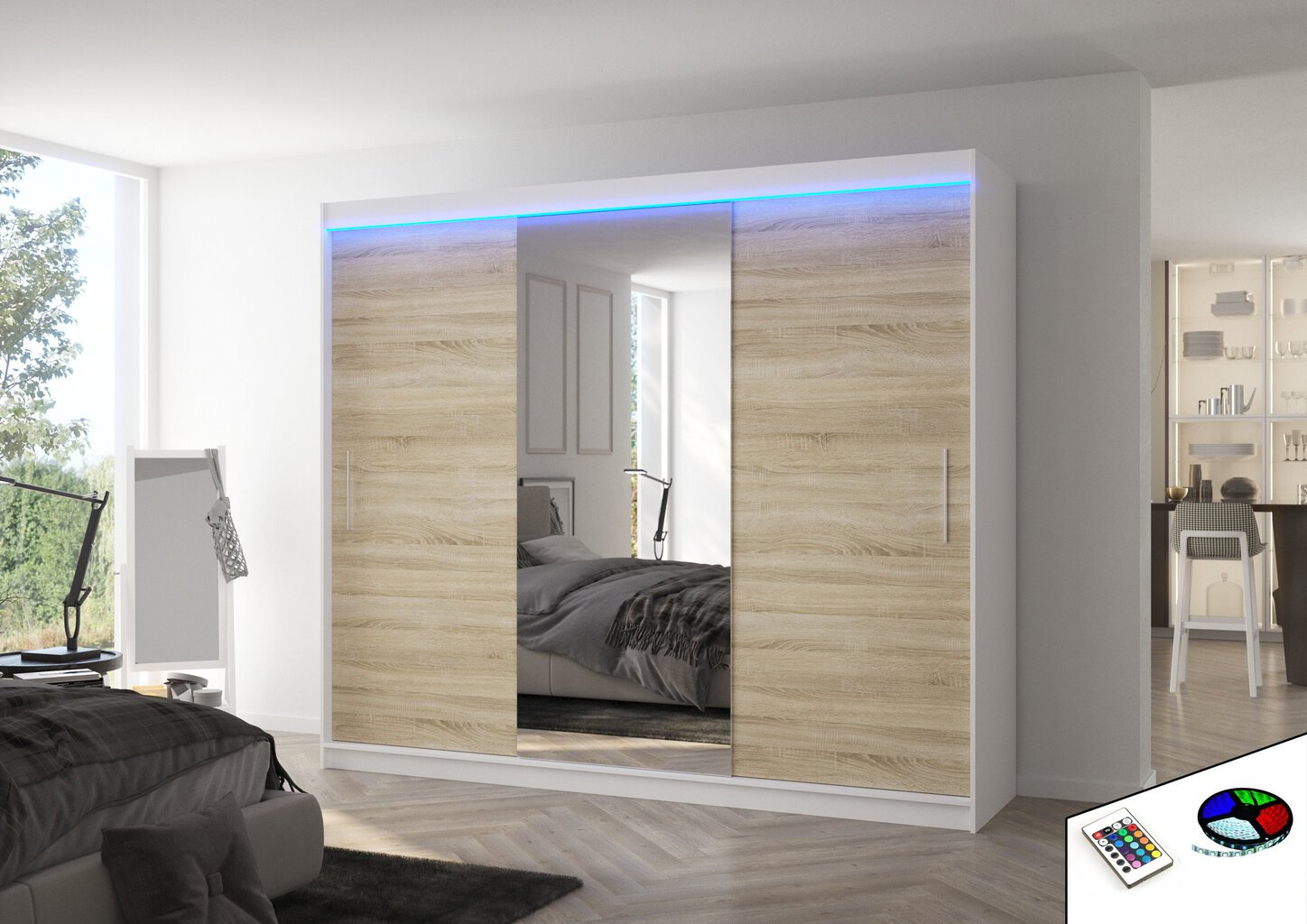 LED valgustusega kapp ADRK Furniture Denis, valge/tamm hind ja info | Kapid | hansapost.ee