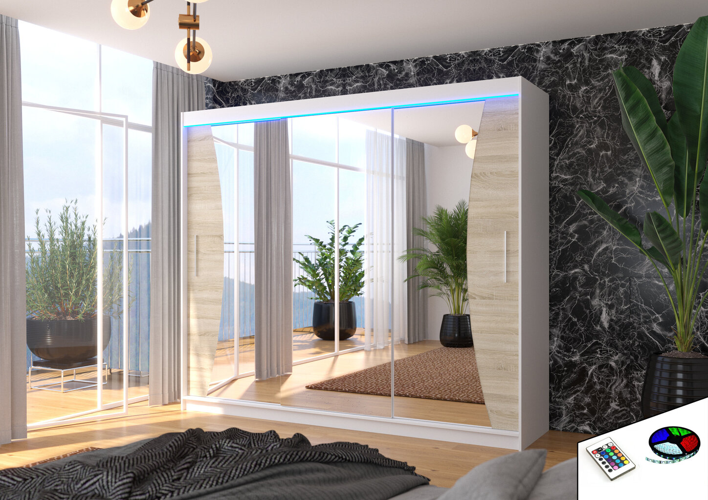 LED valgustusega riidekapp ADRK Furniture Diego, valge/tamm hind ja info | Kapid | hansapost.ee