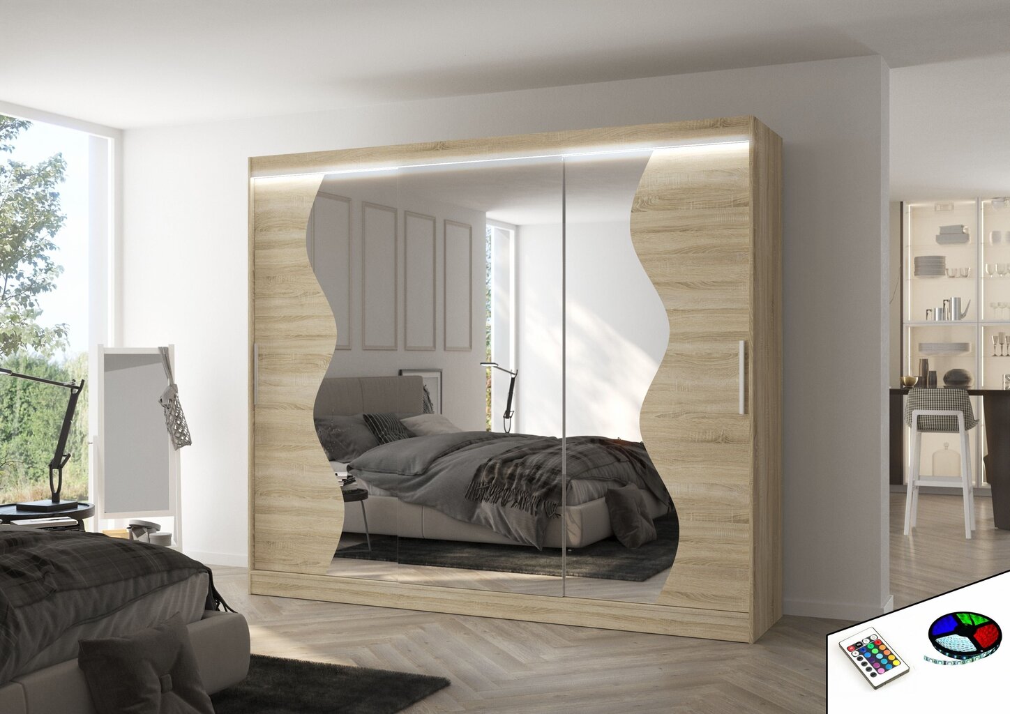 LED valgustusega riidekapp ADRK Furniture Sharon, tamme värvi hind ja info | Kapid | hansapost.ee