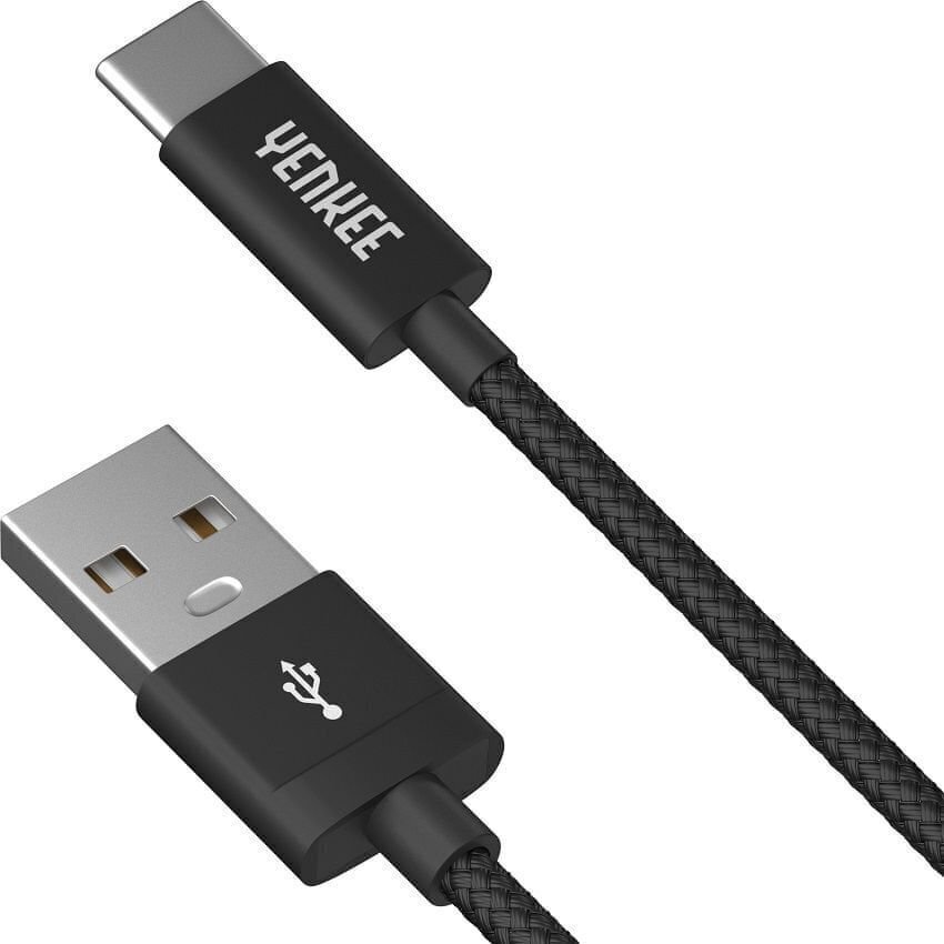 Punutud kaabel YENKEE, 2.0 USB A - USB C, 480 Mbps, 3A, 2m, alumiiniumist korpus, must hind ja info | Mobiiltelefonide kaablid | hansapost.ee