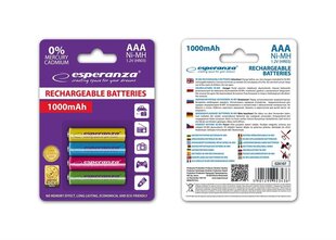 Перезаряжаемые батарейки Esperanza Ni-MH 1000 мАч, 4 шт., в разных цветах цена и информация | Батарейки | hansapost.ee