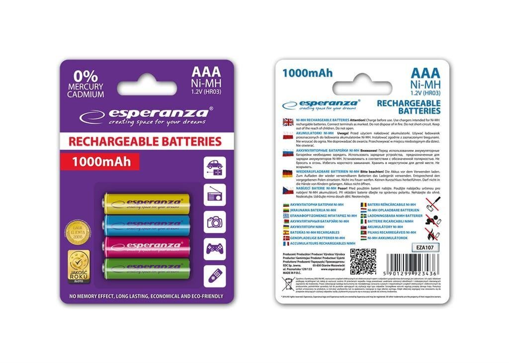 Laetav patarei Esperanza EZA107 Ni-MH AAA 1000MAH x4 hind ja info | Patareid | hansapost.ee