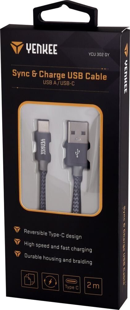 Punutud kaabel YENKEE, 2.0 USB A - USB C, 480 Mbps, 3A, 2m, alumiiniumist korpus, hall hind ja info | Mobiiltelefonide kaablid | hansapost.ee