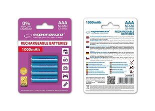 Перезаряжаемые батарейки esperanza AAA, 1000 мАч, 4 шт., синие цена и информация | Esperanza Освещение и электротовары | hansapost.ee