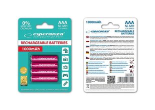 Перезаряжаемые батарейки esperanza AAA, 1000mAh, 4шт, красный цена и информация | Батарейки | hansapost.ee