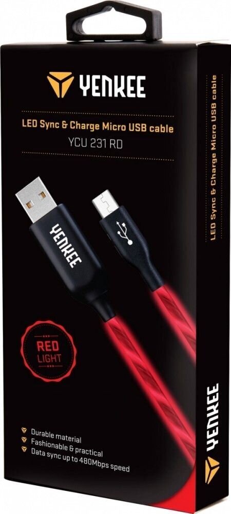 Valgustatud (LED) kaabel YENKEE, 2.0 USB A - micro USB (USB B), 480 Mbps, 5V/2.1A, 1m, punane hind ja info | Mobiiltelefonide kaablid | hansapost.ee