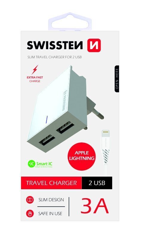 Swissten Premium Travel Charger USB 3А / 15W With Lightning (MD818) Cable 120 cm White hind ja info | Laadijad mobiiltelefonidele | hansapost.ee