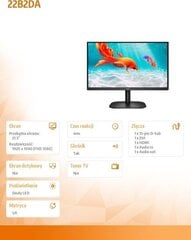 LCD Monitor|AOC|22B2DA|21.5"|Business|Panel VA|1920x1080|16:9|75Hz|4 ms|Speakers|Tilt|Colour Black|22B2DA hind ja info | Monitorid | hansapost.ee