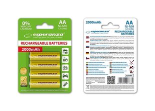 Перезаряжаемые батарейки esperanza Ni-MH, AA, 2000мАч, 4 шт., желтые цена и информация | Esperanza Освещение и электротовары | hansapost.ee