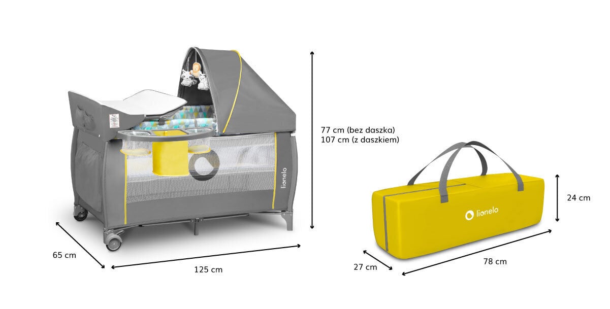 Mänguaedik - voodi Lionelo Sven Plus, Yellow Scandi цена и информация | Reisivoodid | hansapost.ee