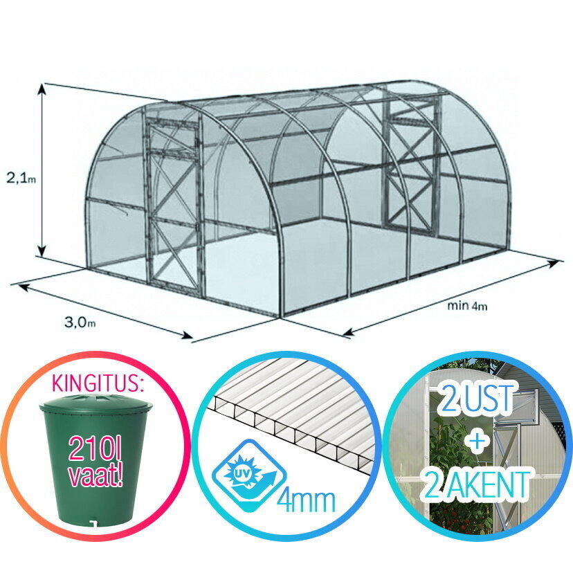 Kasvuhoone Vaat 3x4 m + kingitus 210 l tünnis hind ja info | Kasvuhooned ja peenrakastid | hansapost.ee