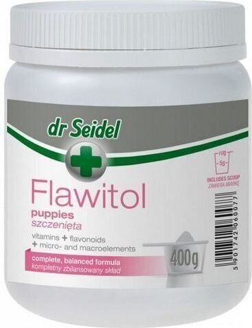 Toidulisand noortele kutsikatele Dr Seidel FLAWITOL, 400 g hind ja info | Vitamiinid ja parasiiditõrje | hansapost.ee