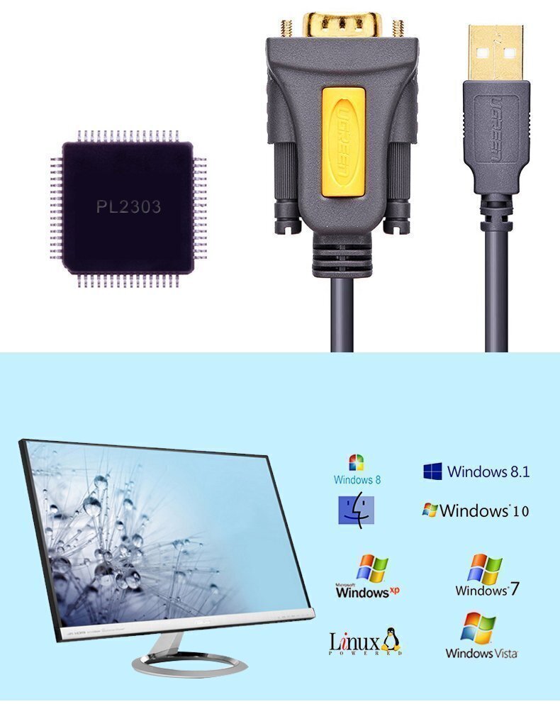 Kaabel/adapter Ugreen USB - RS-232 (male) 1 m, must (CR104 20210) hind ja info | Juhtmed ja kaablid | hansapost.ee