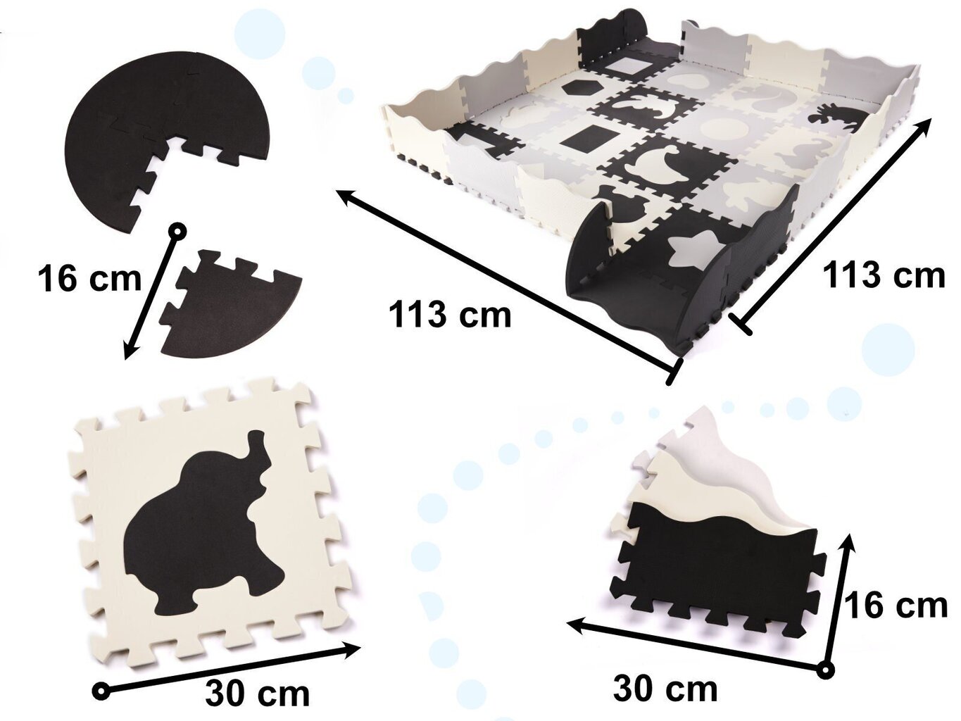 Pusle-vaip loomade ja figuuridega 36-osaline, 143x143 cm, must-valge hind ja info | Arendavad tegelusmatid | hansapost.ee