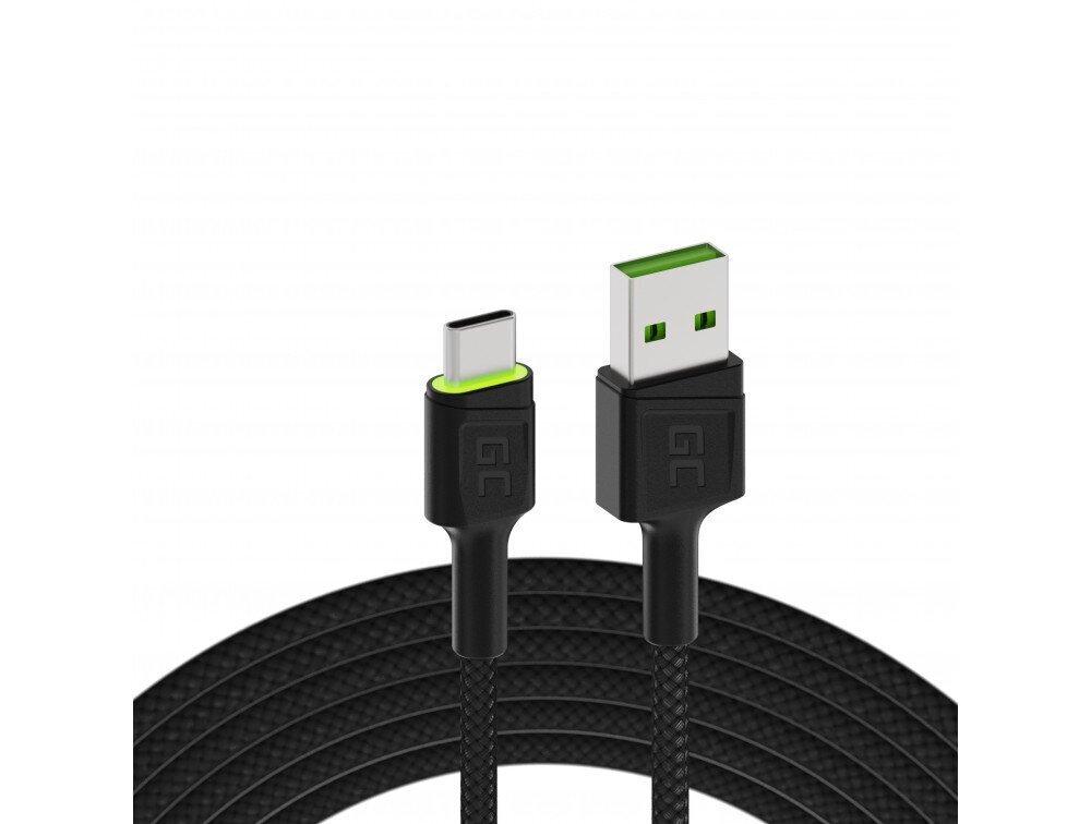 Green Cell kaabelUSB -kaabel - USB -C 120cm rohelise LED -taustvalgusega ja toetage kiire laadimise ultralaengut, QC 3.0 цена и информация | Mobiiltelefonide kaablid | hansapost.ee